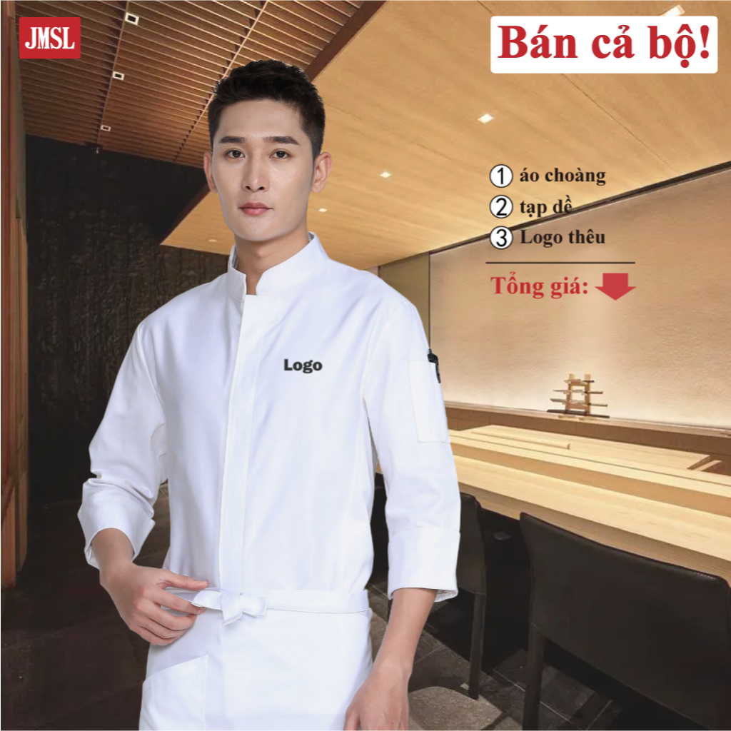 Thêu miễn phí Đồng phục đầu bếp Nhật Bản, đồng phục đầu bếp cổ đứng, đồng phục nhà hàng Nhật Bản, Mộ