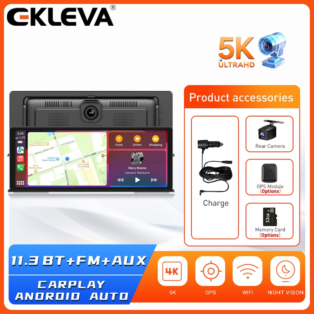 EKLEVA 5K Dash Cam 11.3 "Màn hình cảm ứng Camera ô tô 5G WiFi Không dây CarPlay & Android Tự động gh