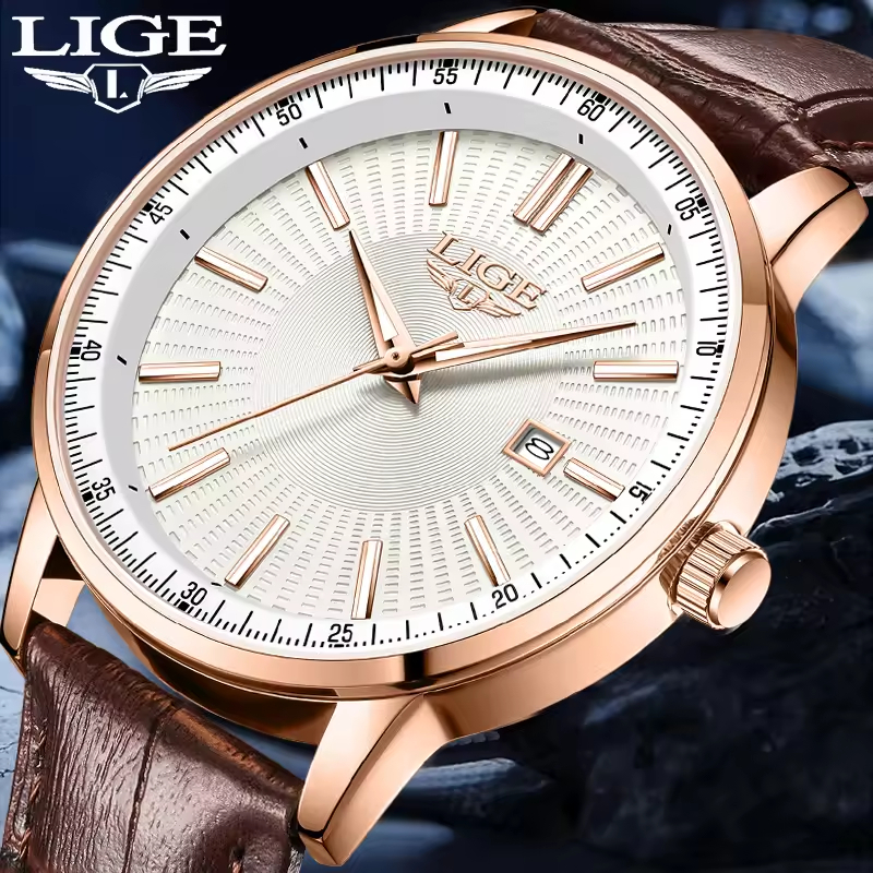 Đồng hồ nam LIGE Da thời trang Đồng hồ thạch anh dạ quang chống nước