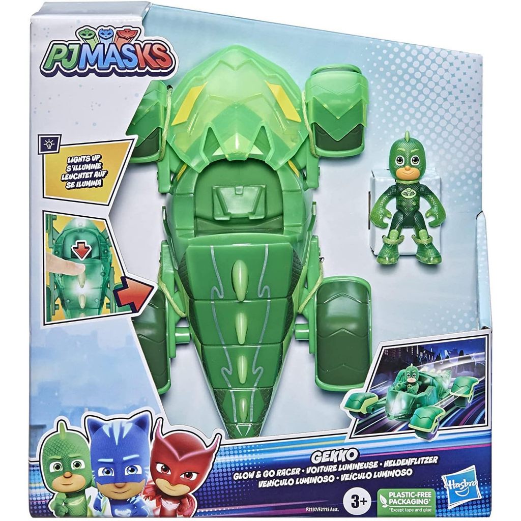 PJ Masks Glow & Go Gekko-Mobile Xe đồ chơi mầm non, Xe Gekko Light-Up Racer với Gekko Nhân vật hành 