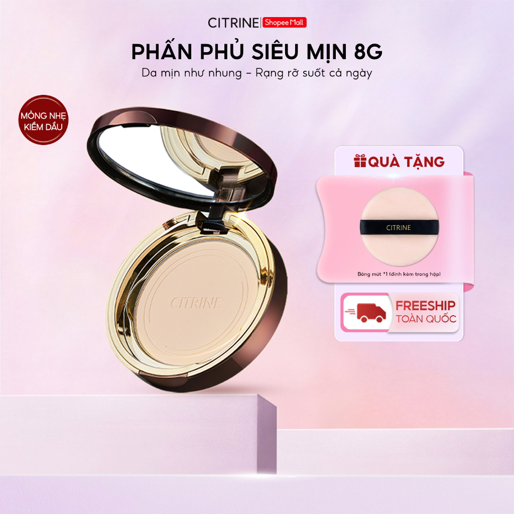 Phấn Phủ Nén Kiềm Dầu - CITRINE - 8G, Mịn Lì, Chống Nước, Lâu Trôi, Lành Tính, Hộp Tròn Sang Xịn