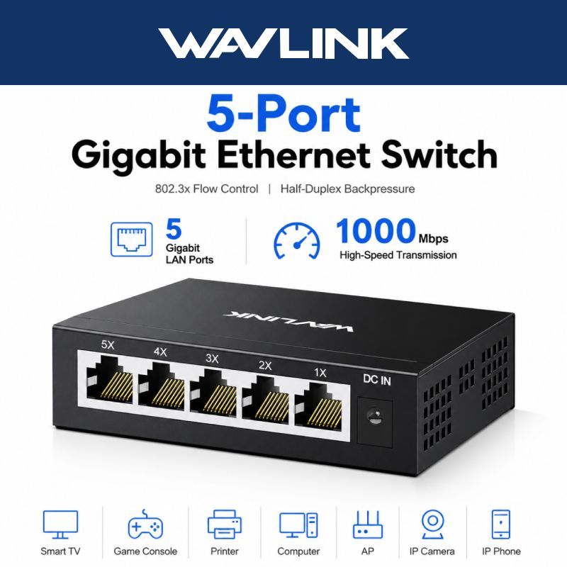 WAVLINK 5 cổng Gigabit Unmanagement Ethernet Switch Home Network Hub Plug and Play