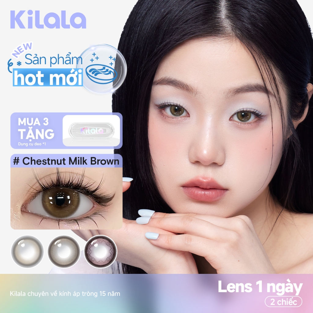 Kính áp tròng Kilala lens 1 ngày màu xám  DIA 14.5mmChestnut Milk Brown/OatMilk Grey lens cận có độ 