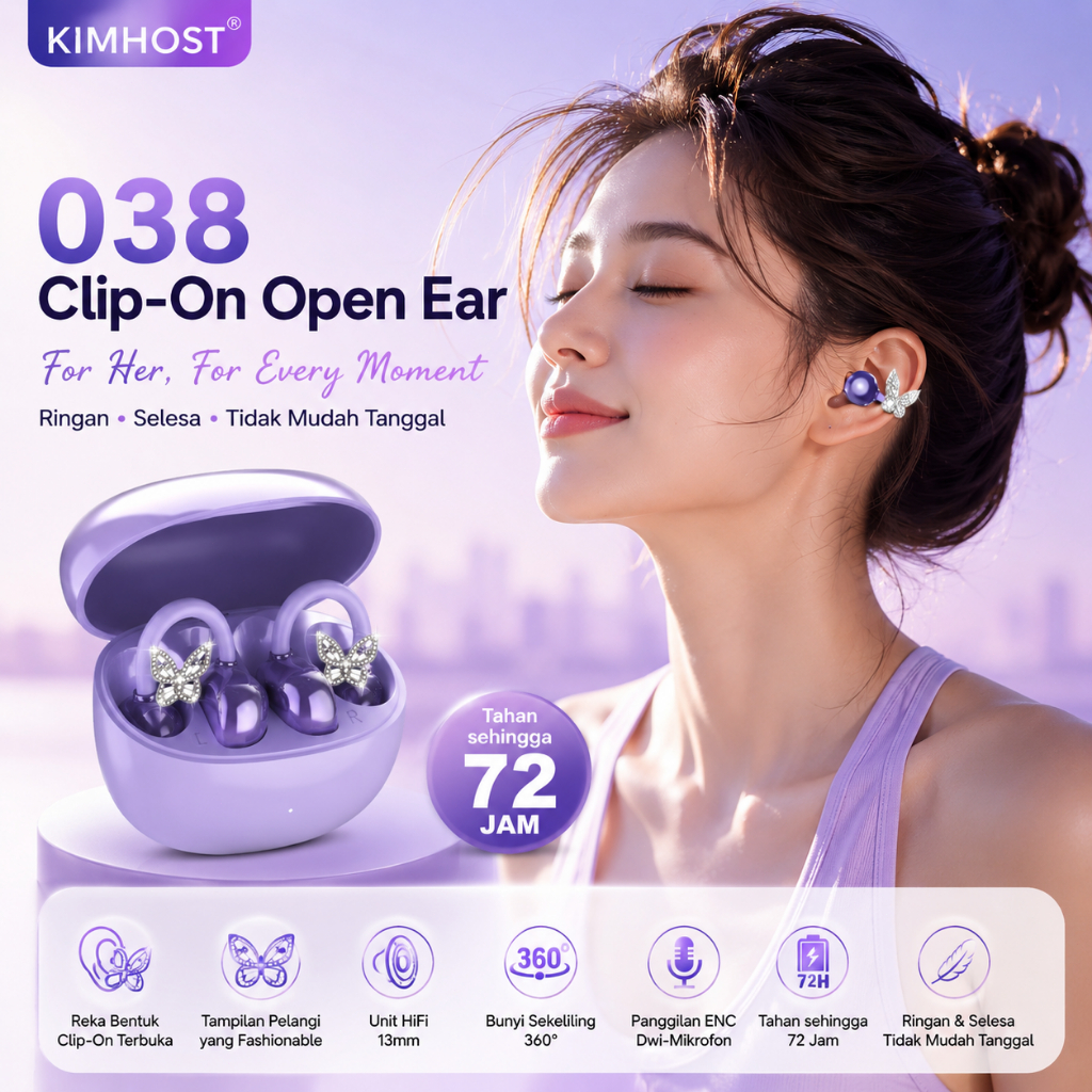 Kimhost 038 Fon Telinga Klip Telinga Bluetooth 5.4 Tai nghe không dây mở tai ENC HD Gọi HiFi Stereo 