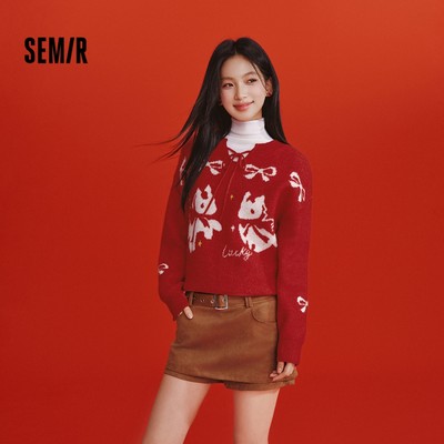 Semir 2026 Mùa Xuân Jacquard Nơ Đỏ Rời Mới Phong Cách Cô Gái Dễ Thương Áo Chui Đầu Áo Len Nữ