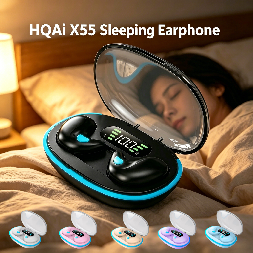 HQAi X55 Ephones Tai nghe ngủ Bluetooth không dây Âm thanh Hi-fi tích hợp Mic Tai nghe hiển thị LED 