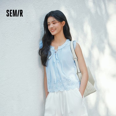 Semir 2026 Mùa Hè Ngắn Phong Cách Nguyên Chất Cotton Thêu Nơ Top Ruffle Ren Mới Ngọt Áo Sơ Mi Nữ