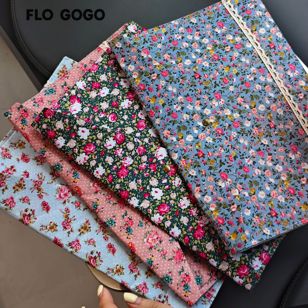 Vintage Hoa File Pouch 33.3×22.7cm Cotton Felt A4 Document Bag Snap Button Envelope Folder Văn Phòng