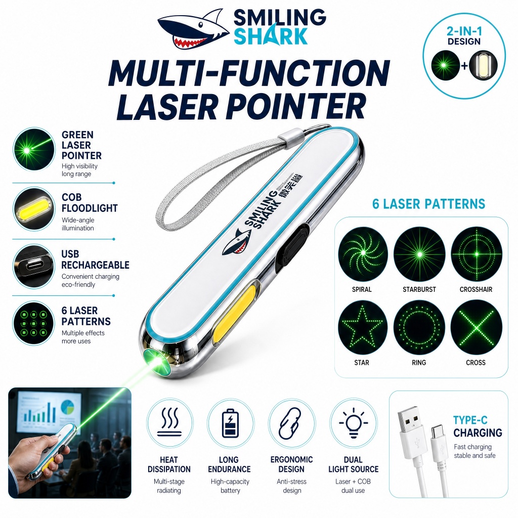 Bút chiếu laze SMILING SHARK LS308 màu xanh lá có thể sạc lại tầm xa công suất cao có hoa văn dùng c