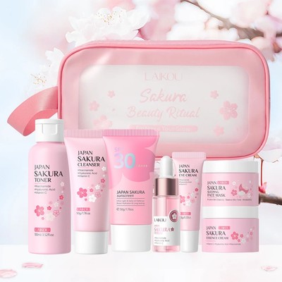 Laikou Sakura Boost Radiance Skincare Washbag 8 Cái / bộ Mặt nạ ngủ làm sáng da Mặt Kem dưỡng ẩm Toner Mịn nếp nhăn Serum