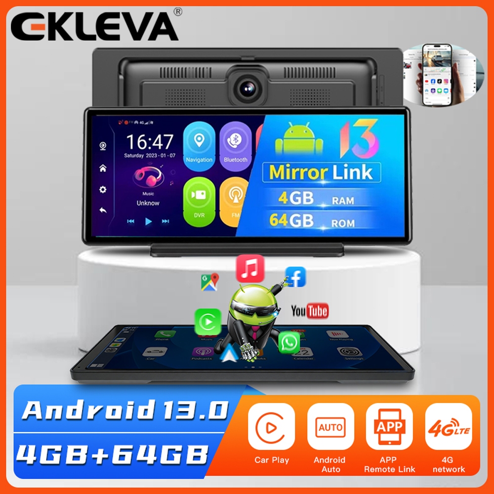 EKLEVA Android 13 4G Car Dash Cam DVR Ghi Bảng Điều Khiển 10.26 "Wifi GPS Điều Hướng 4 + 64GB / 2 + 