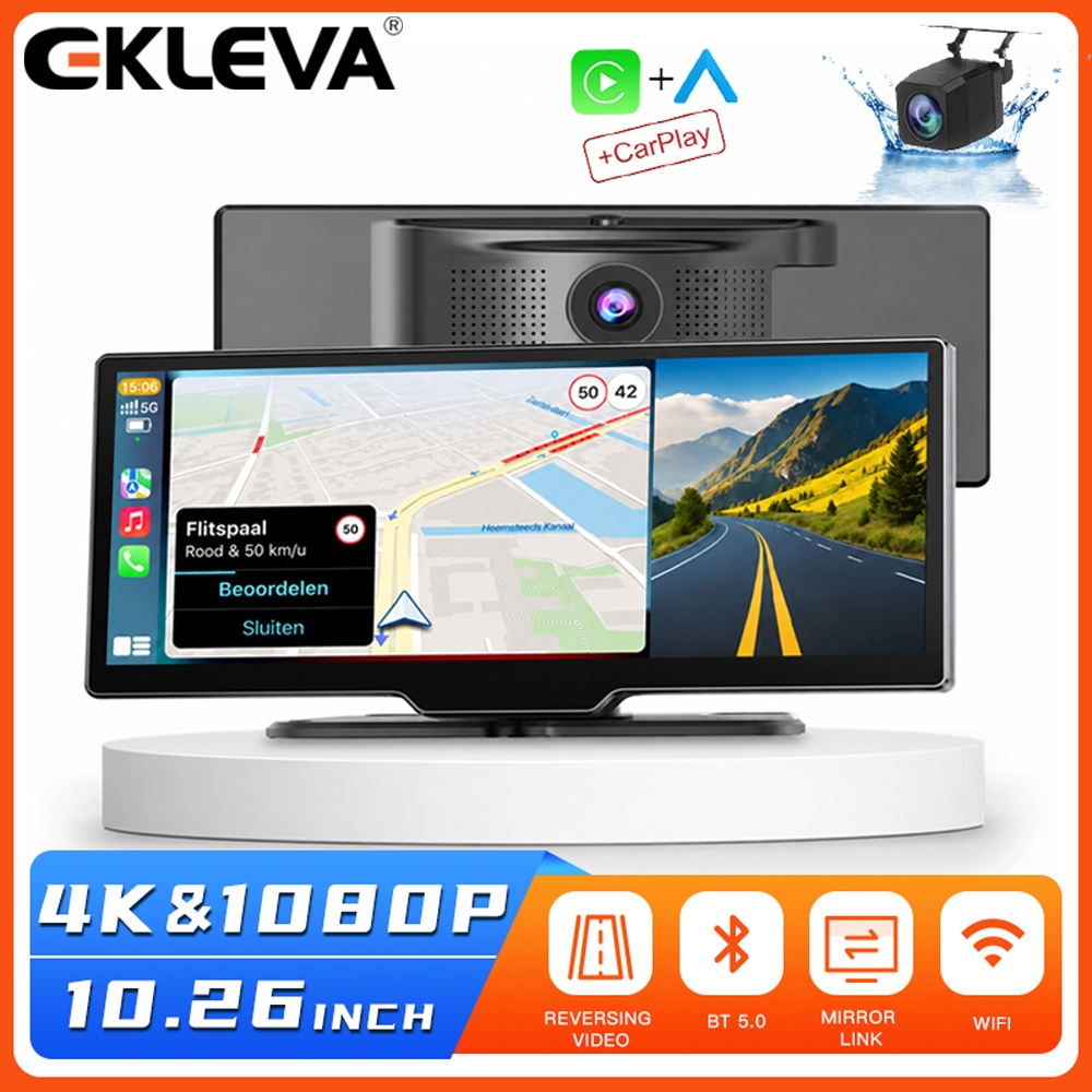 EKLEVA 4K 10.26 "DVR ô tô Ống kính kép Dash Cam Gương hỗ trợ Carplay Android Auto WIFI