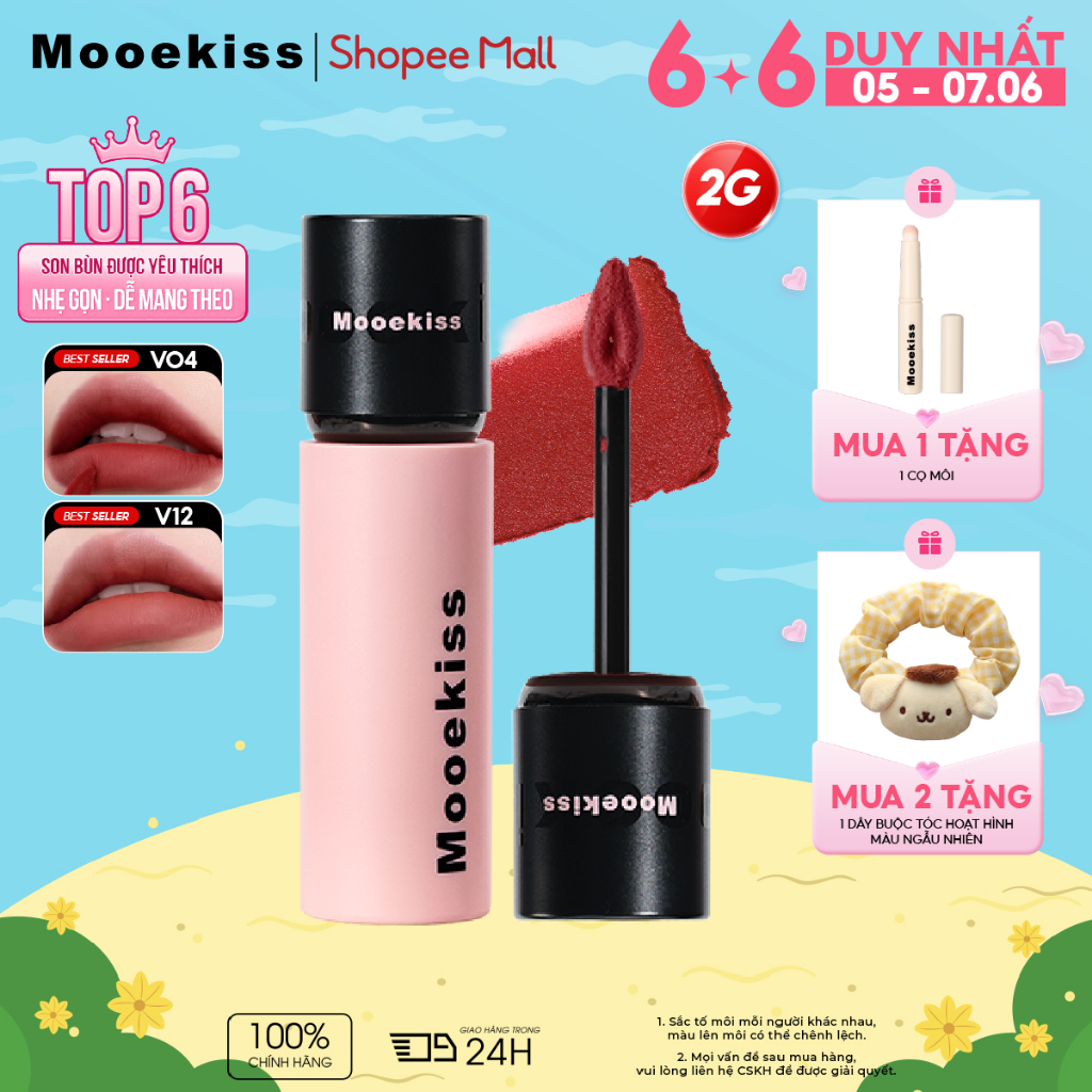 Son bùn Mooekiss chất lì mịn như nhung, không gây khô môi, giúp tôn da và giữ màu lâu trôi, thiết kế mini tiện mang theo 2g | BigBuy360 - bigbuy360.vn