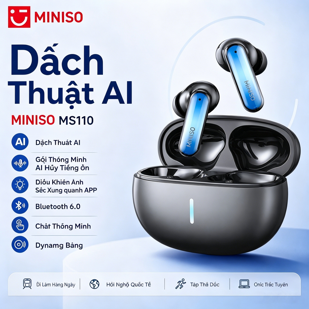 MINISO MS110 Tai Nghe Phiên Dịch AI  Bluetooth 6.0, Dịch 134 Ngôn Ngữ, Âm Thanh Hi-Fi, Chống Ồn, IPX5 Chống Nước, Độ Trễ Thấp | BigBuy360 - bigbuy360.vn