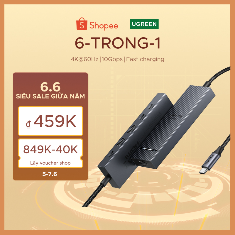 Ugreen 4K60hz 6-IN-1USB-C Trạm Docking đa chức năng USB3.2 Gen2 10Gbps cho iPad Air M2 11 "13 '' 202