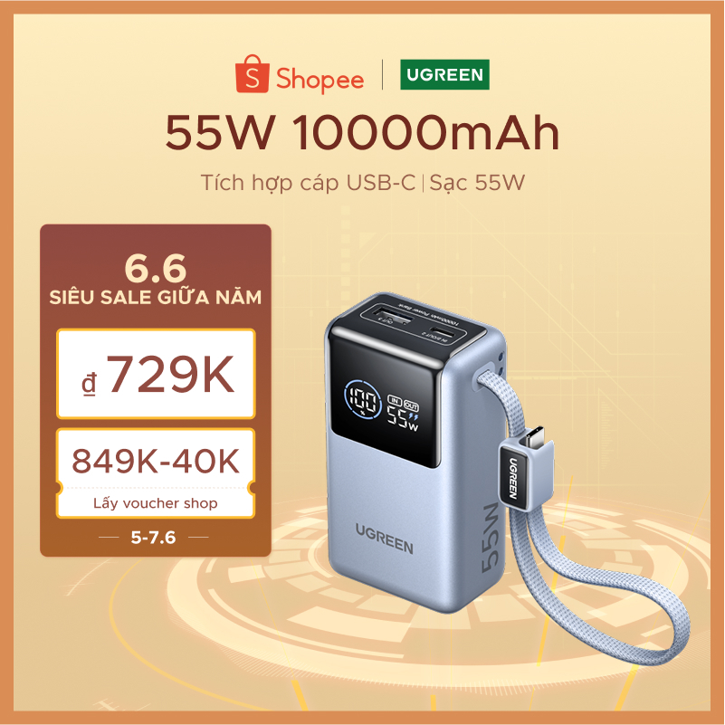 Pin sạc dự phòng UGREEN 10000mAh 55W kèm cáp USB C tích hợp 3 cổng Sạc di động du lịch máy tính xách tay, đèn LED màn hình lớn Sạc nhanh cho Xiaomi và hơn thế nữa