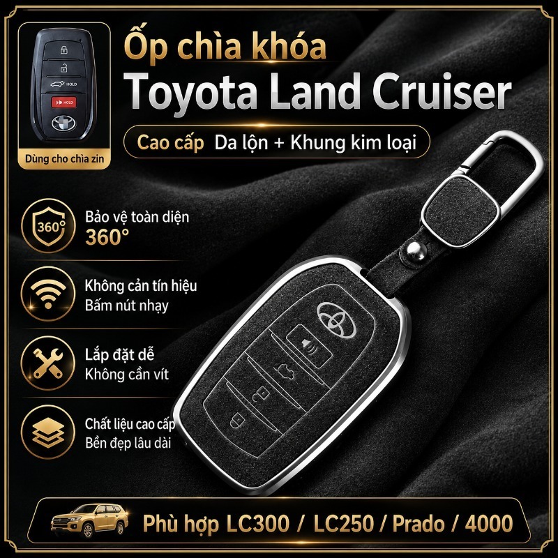 Ốp Chìa Khóa Toyota Land Cruiser LC300 LC250 Prado 4000, Vỏ Bọc Chìa Da Lộn Viền Kim Loại Cao Cấp