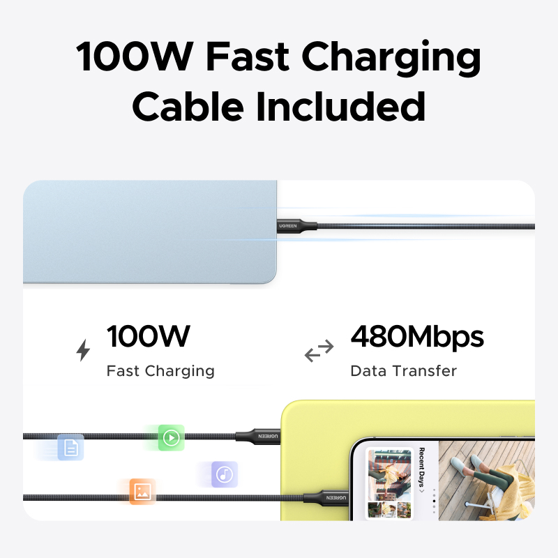 Bộ sạc USB-C màu xám UGREEN 100W GaN có phích cắm có thể gập lại + Cáp USB-C 100W, hỗ trợ sạc nhanh cho iPhone 17 / 16 Pro Max / MacBook / Samsung S26 Ultra / iPad (phích cắm US). | BigBuy360 - bigbuy360.vn
