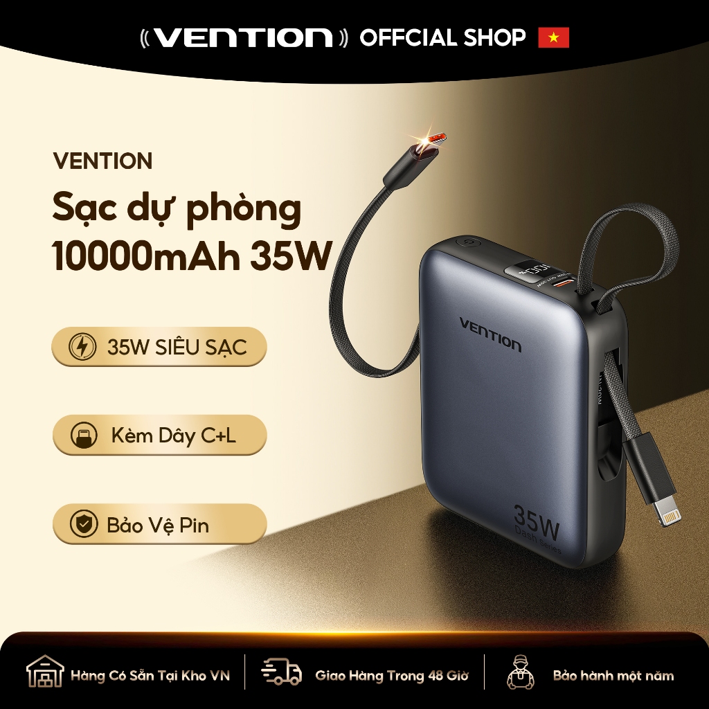 [VHL] Vention Sạc Dự Phòng 10000mAh 35W - Tích hợp dây Type C + Dây Lightning