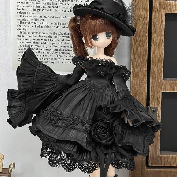 Azone, ob22, ob24 Quần áo búp bê Váy hoa hồng lông vũ đen
