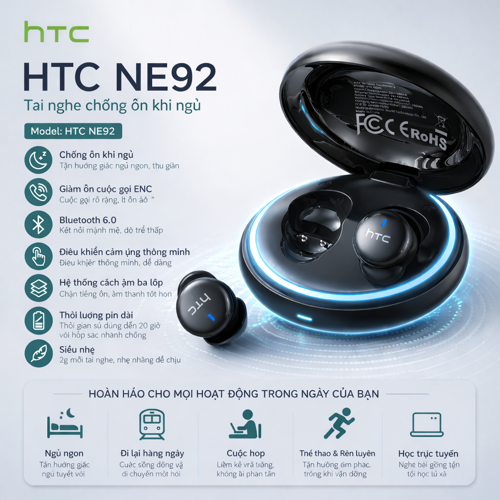 HTC NE92 Tai nghe Bluetooth tăng cường tiếng ồn chủ động   Giảm tiếng ồn ENC, Cách ly âm thanh ba lớp, Tuổi thọ pin dài, Bluetooth 6.0 | BigBuy360 - bigbuy360.vn
