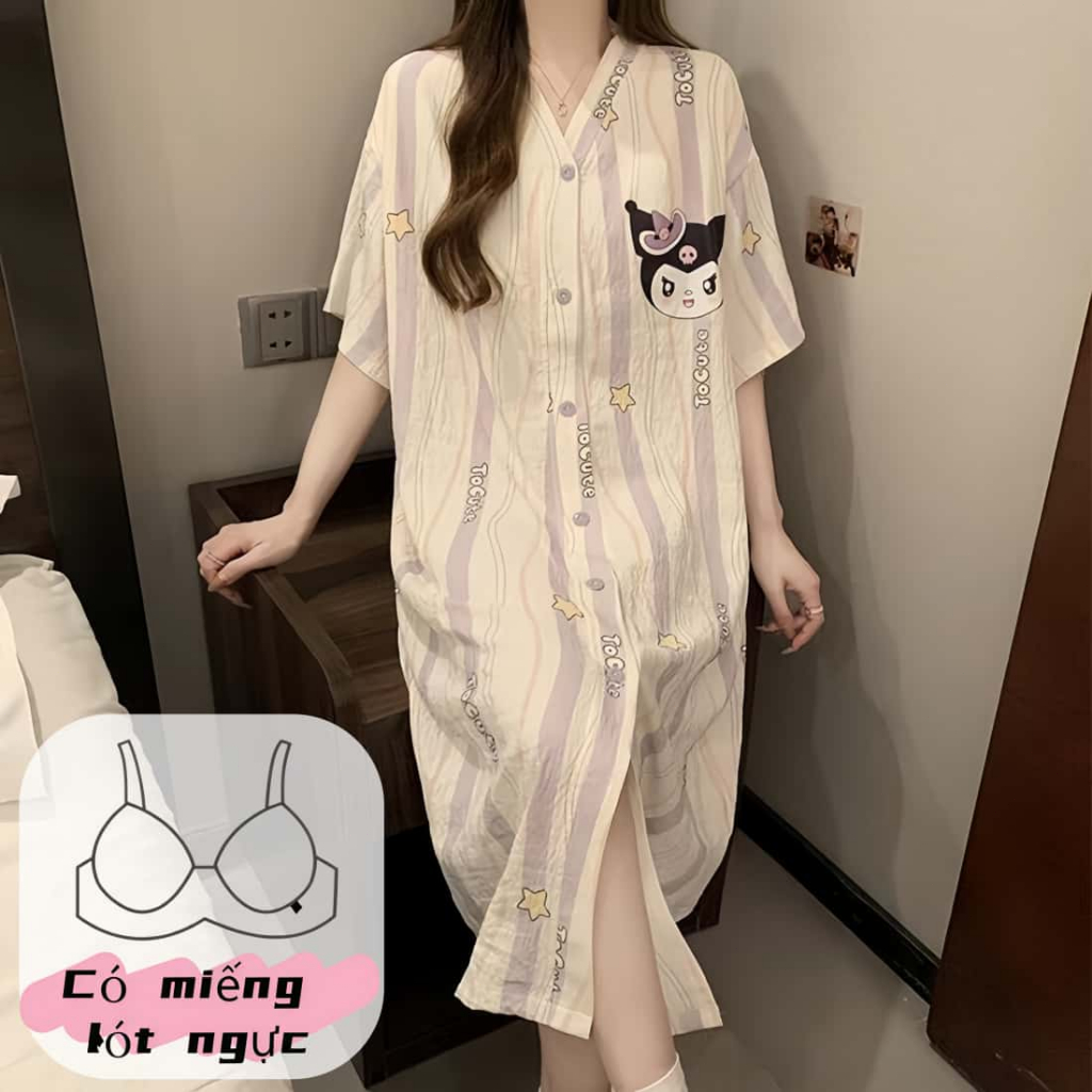 [Có đệm ngực]Áo Choàng Ngủ Nữ Phiên Bản Mới - Có Đệm Ngực, Họa Tiết Dễ Thương, Cổ V, Mặc Nhà & Đi Ch