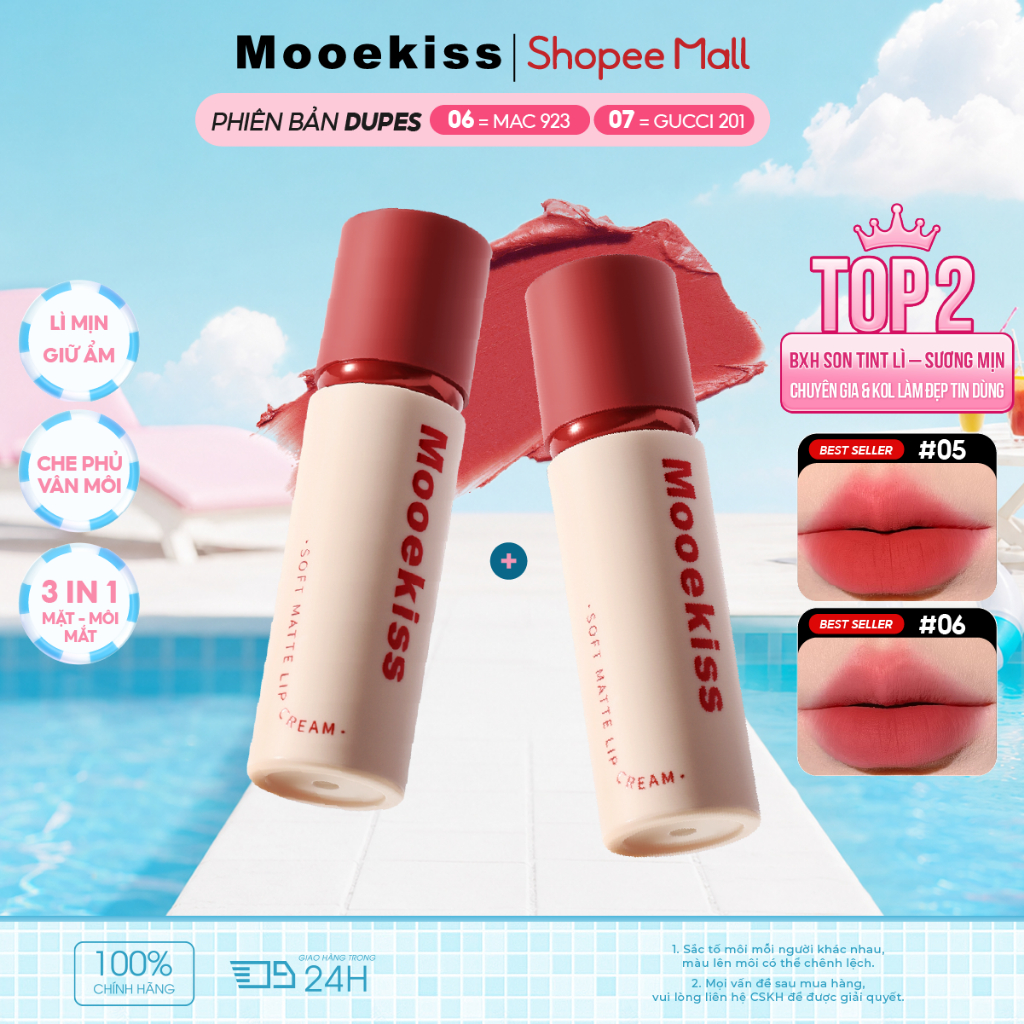 [KOL Combo 2] Son môi mờ Mooekiss không nhòe có kết cấu mượt mà giúp làm sáng màu môi và tạo ra đế mờ tự nhiên