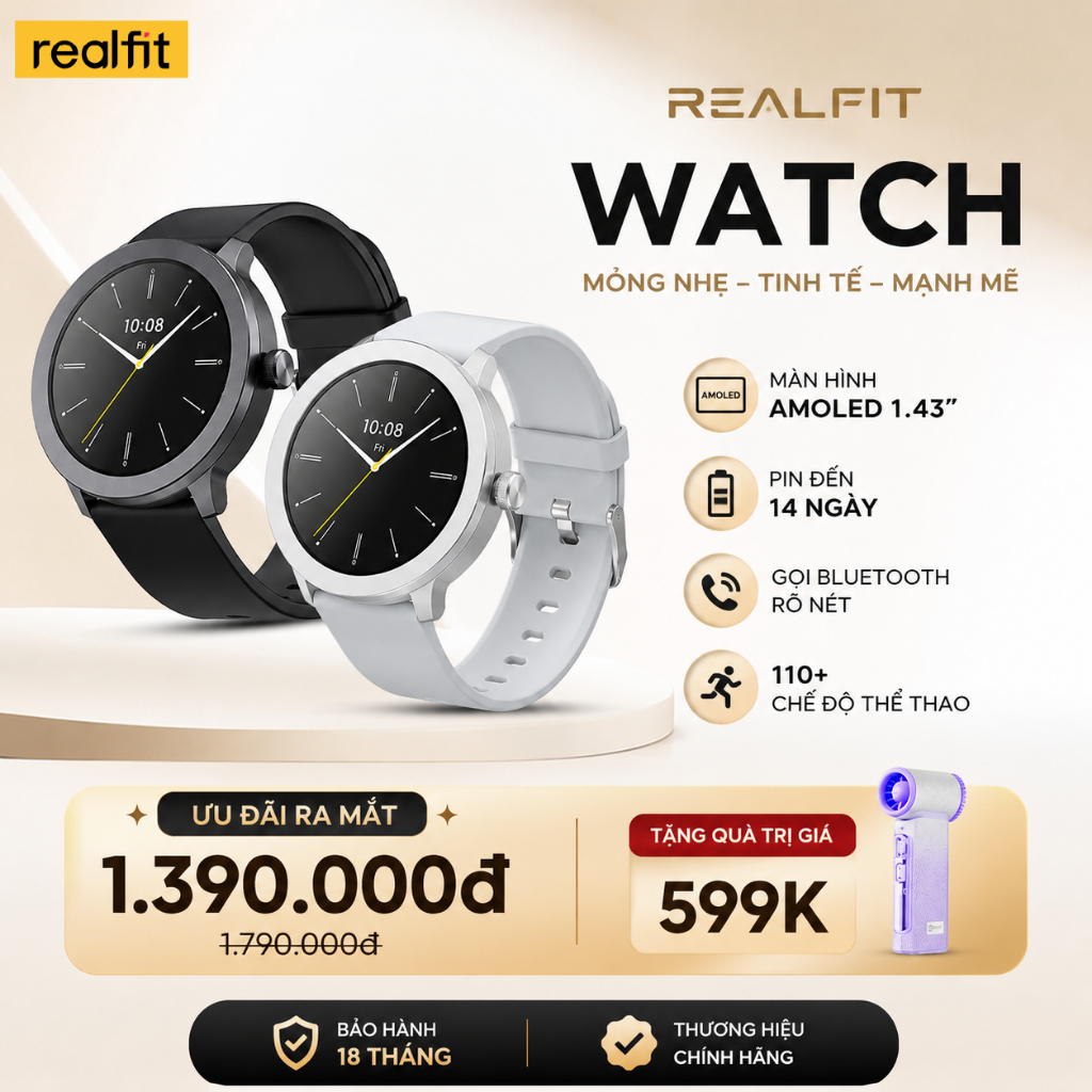 [MỚI] Đồng hồ thông minh ĐỒNG HỒ REALFIT | Theo dõi sức khỏe | Gọi Bluetooth | Màn hình AMOLED 1,43 " | Tuổi thọ pin lên đến 14 ngày | BigBuy360 - bigbuy360.vn