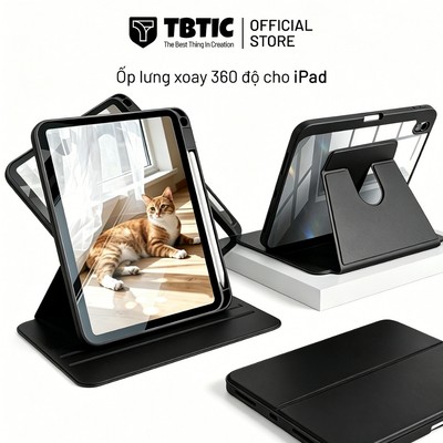 Ốp lưng iPad TBTIC xoay 360°trong suốt, tương thích với iPad Air 8 7 6 5 4 Pro 11 2024 M2 M3 M4 12, 11 Gen A16 10 9 8 7th 10.2, Mini7 6 8.3 inch kèm khe đựng bút và giá đỡ