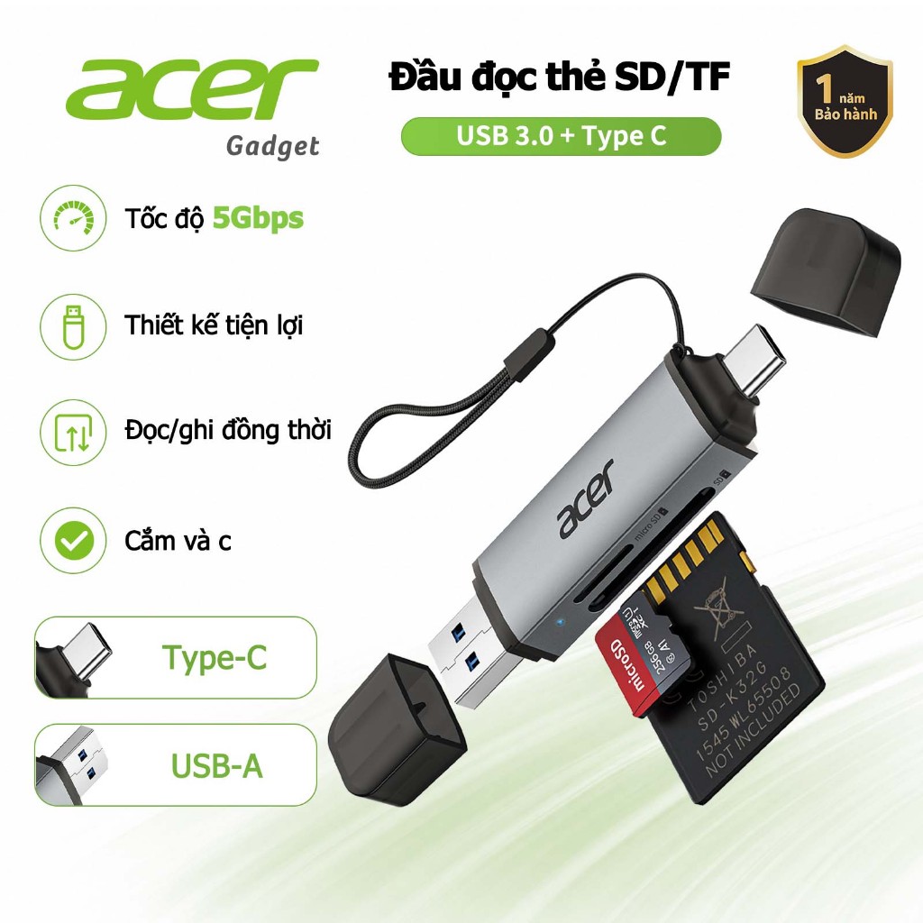 Acer Đầu đọc thẻ 2 trong 1 SD/TF OTG USB C / A Bộ chuyển đổi thẻ nhớ USB 3.0 Type C sang Micro SD Thích hợp cho điện thoại di động máy tính xách tay máy tính bảng máy tính để bàn và ảnh UC202 | BigBuy360 - bigbuy360.vn
