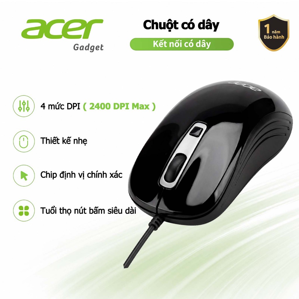 Acer Chuột có dây USB 2400 DPI trọng lượng nhẹ điều chỉnh 4 cấp độ cảm biến độ…