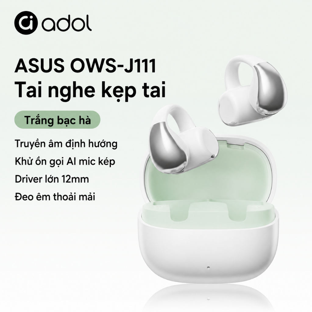 Tai nghe kẹp tai ASUS Adol J111 Không dây Bluetooth | ENC Khử ồn Micro kép | Truyền định hướng, Đeo êm ái, Thời lượng pin dài | BigBuy360 - bigbuy360.vn