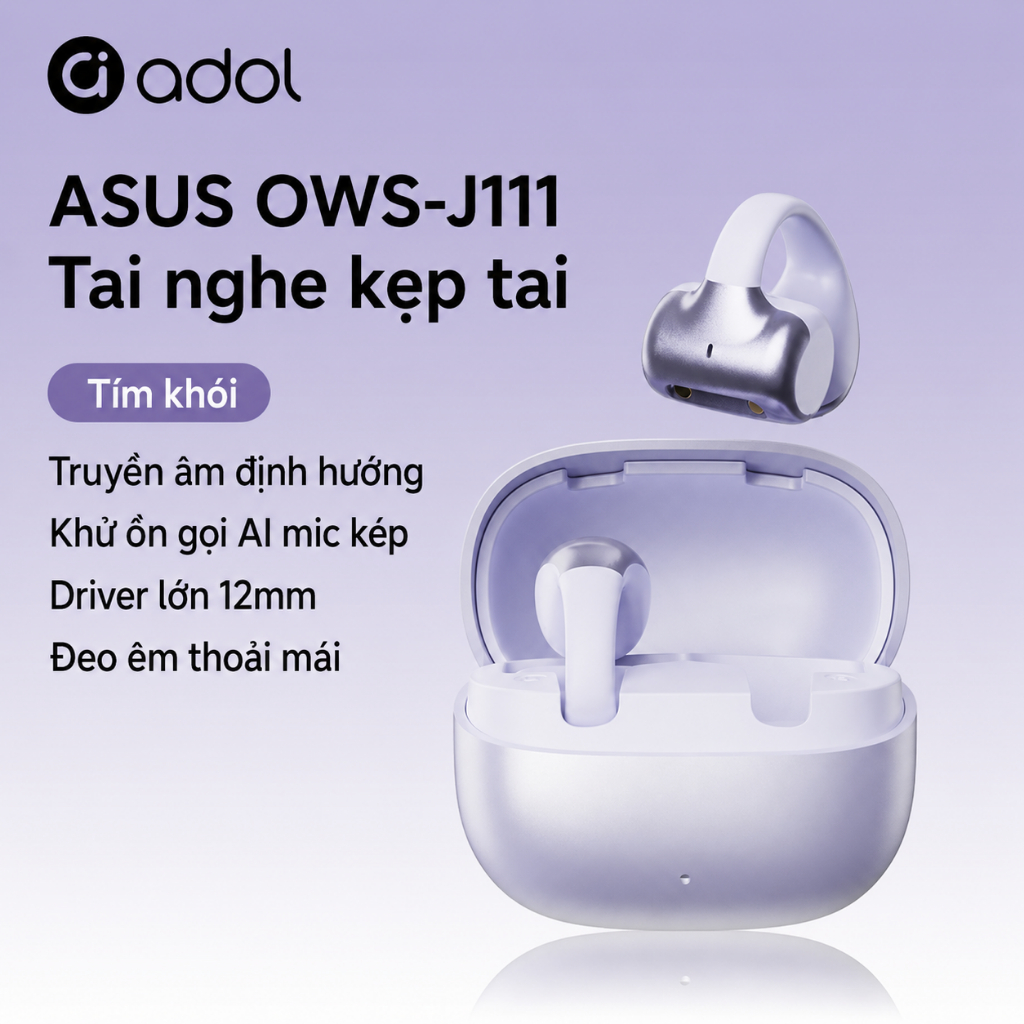 Tai nghe kẹp tai ASUS Adol J111 Không dây Bluetooth | ENC Khử ồn Micro kép | Truyền định hướng, Đeo êm ái, Thời lượng pin dài | BigBuy360 - bigbuy360.vn