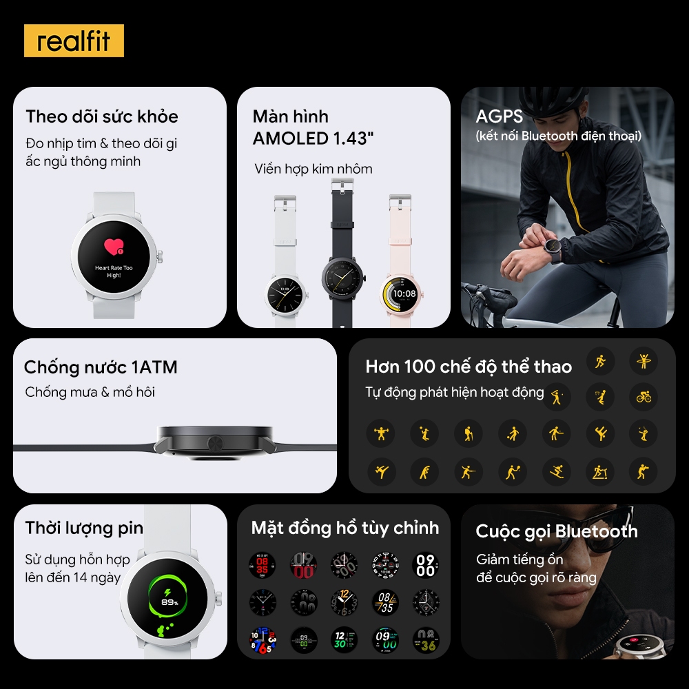 [MỚI] Đồng hồ thông minh ĐỒNG HỒ REALFIT | Theo dõi sức khỏe | Gọi Bluetooth | Màn hình AMOLED 1,43 " | Tuổi thọ pin lên đến 14 ngày | BigBuy360 - bigbuy360.vn