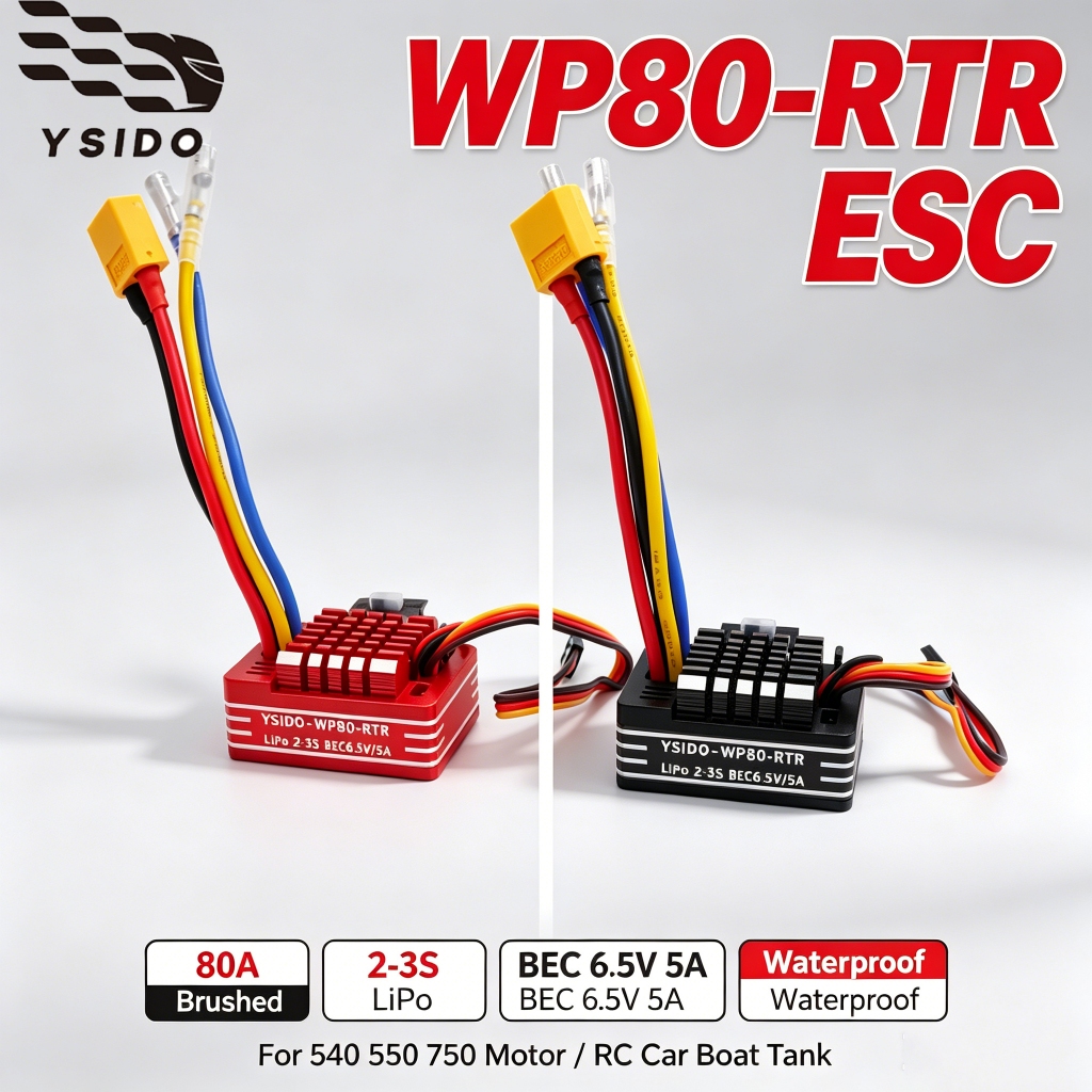 YSIDO RC 80A Chải ESC Bộ Điều Khiển Tốc Độ Chống Thấm Nước 2-3S Lipo BEC 6.5V 5A Cho 540 550 750 Độn