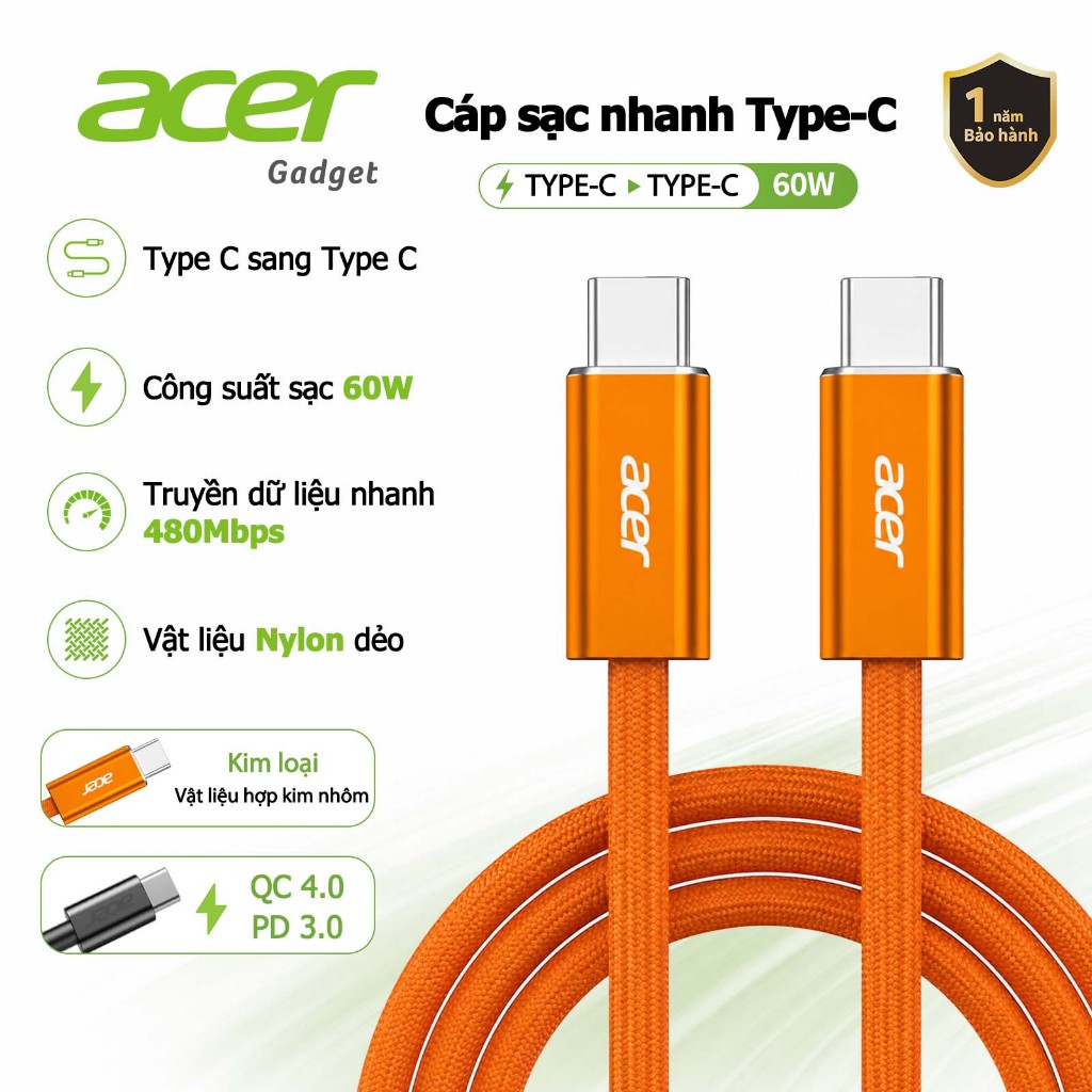 Acer Cáp sạc nhanh Type-C sang USB-C 60W PD Không Nóng Máy An Toàn Ổn Định Bảo…