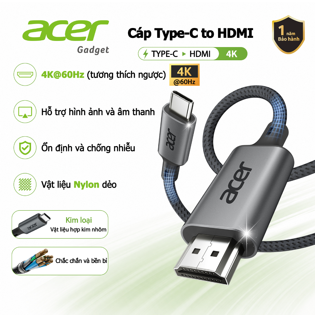 Acer Cáp chuyển đổi USB C sang HDMI 4K 2K 60Hz Type C HD Dây bện tốc độ cao…