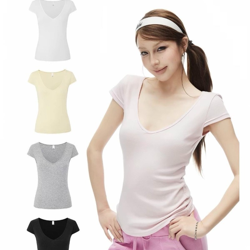 Vải Lanh Lyocell Vải Co Giãn Cổ Chữ V Sâu Tay Bay Nhỏ Đơn Giản Phù Hợp Với Áo Thun Phù Hợp Với Cổ Hẹ