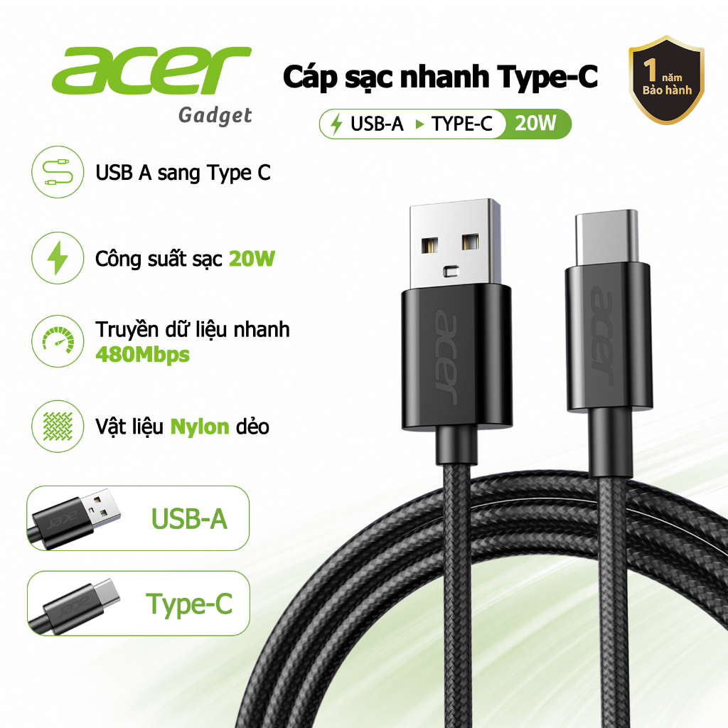 Acer Dây cáp sạc nhanh Type C 20W USB-A to USB-C Truyền dữ liệu 480Mbps Bộ Dây…