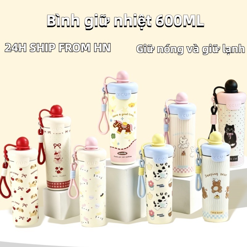 Bình Giữ Nhiệt Inox 316 Cao Cấp 600ml Có Ống Hút Hoạt Hình Dễ Thương Cho Bé Đi Học Có Quai Xách