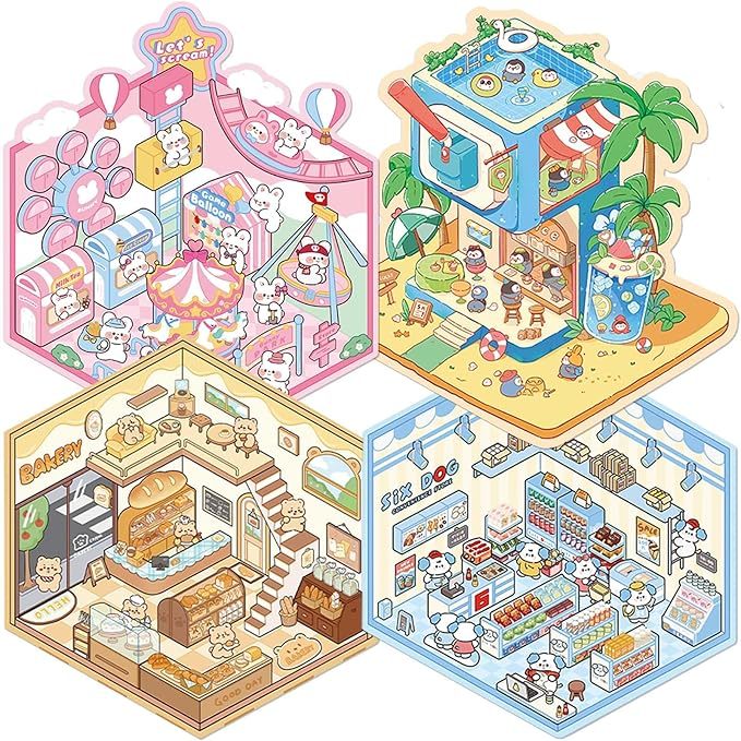 D Sticker Scene, 4 Bộ Miếng Dán Nhà 3D DIY Cho Trẻ Em, Miếng Dán Dễ Thương Cho Laptop, Bình Nước, Đi