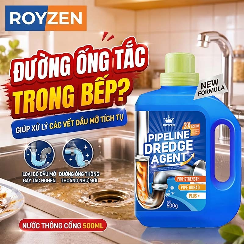 [Mã Giảm Giá] Bột Thông Cống ROYZEN 500ml Phân Hủy Tóc, Dầu Mỡ, Thức Ăn Thừa - Giải Pháp Cho Ống Thoát Nước Bị Tắc, Chảy Chậm