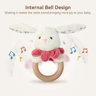Đồ chơi lục lạc hữu cơ Bunny bằng gỗ cho bé / Vòng mọc răng sang trọng mềm Đồ chơi lắc cảm giác có chuông / Quà tặng tắm cho bé hoàn hảo