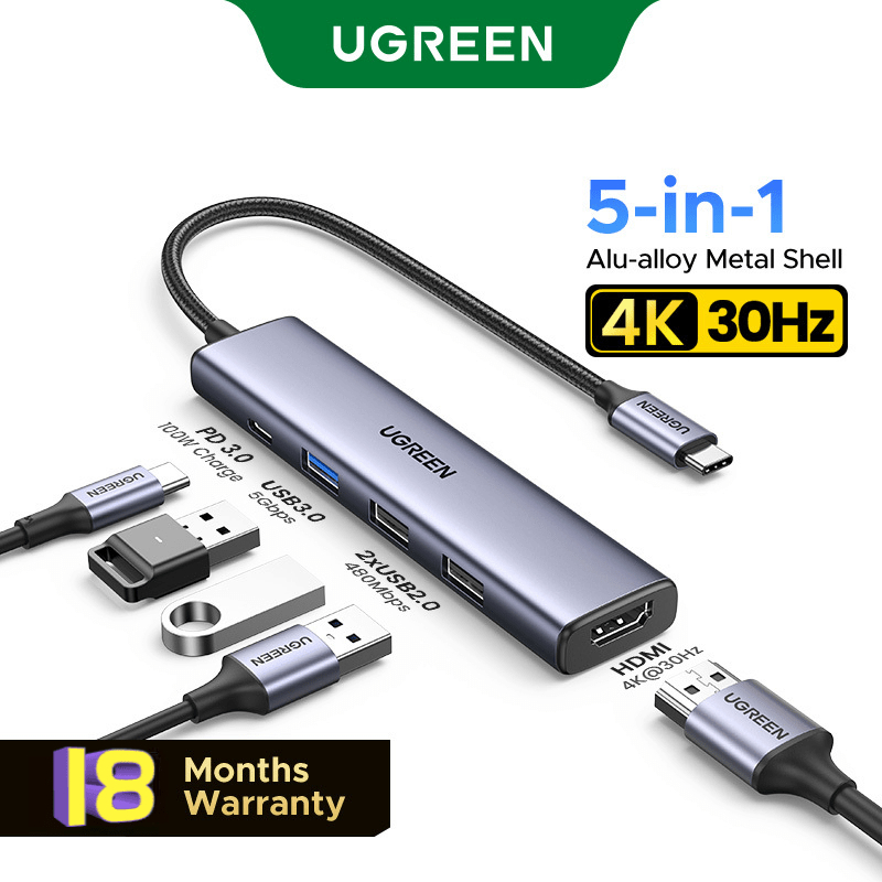 Hub USB C UGREEN với HDMI 4K, Bộ chuyển đổi đa cổng Type C 5 trong 1, Giao hàng nguồn 100W, Dock Thunderbolt 3 với 3 cổng USB 3.0 3 cổng dữ liệu USB-A, USB C Dongle cho MacBook