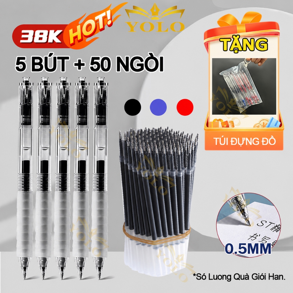 [5 bút + 50 ngòi] Bút Gel Bấm Basic Bút Gel mực đen xanh đỏ ngòi 0.5mm bút bấm mực đều khô nhanh, vi