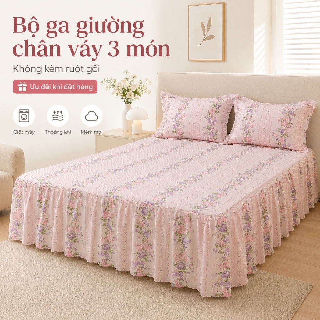 3 in 1 Bedding Set with Bed Skirt Includes Bedsheet Cover and Pillowcase Pink Floral Bed Cover for H