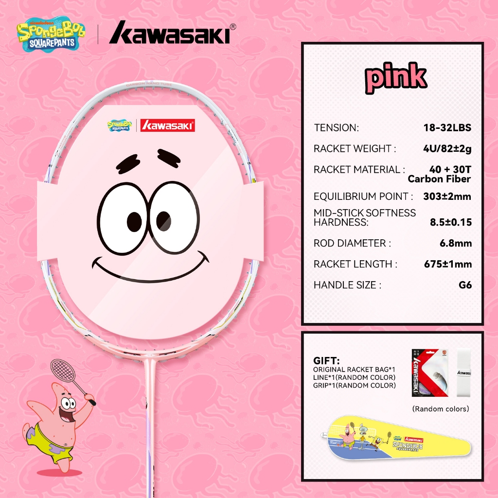 Vợt Cầu Lông Thương Hiệu Kawasaki SpongeBob Co Full Sợi Carbon 5U 18-32LBS Siêu Nhẹ Cuộc Thi Chuyên 