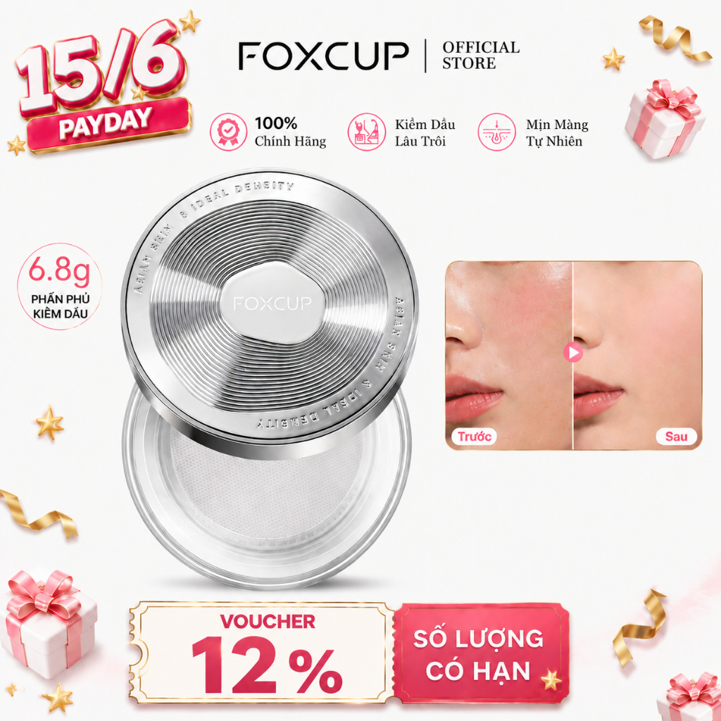Phấn phủ FOXCUP kiềm dầu 12H chống nước mịn nhẹ không bí da 3 màu tùy chọn 6.8g
