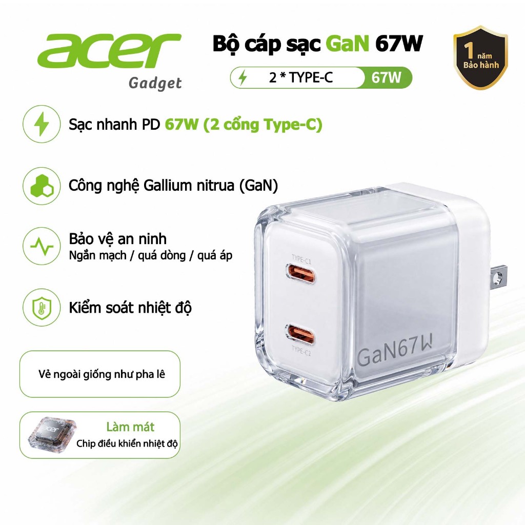 Acer Bộ sạc GaN Type C 67W nhanh 2 cổng USB C Củ sạc PD 65W Power Adapter Sạc điện cho Không Nóng Má
