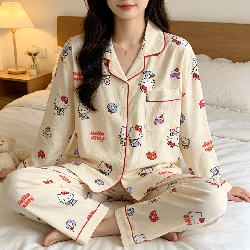 Bộ Đồ Ngủ Mới Cho Nữ Váy Ngủ Hoạt Hình Dễ Thương In Đồ Ngủ Bộ Ve Áo Dài Tay Mặc Nhà